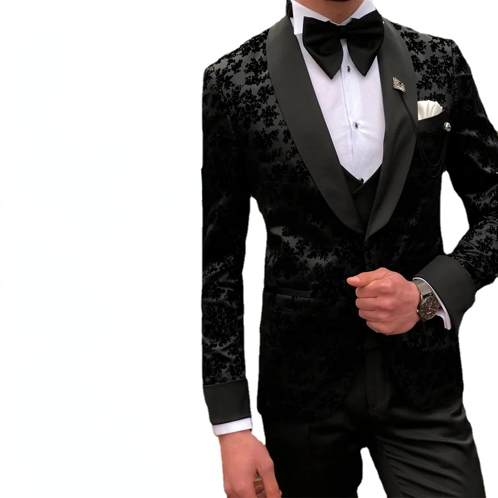 

3 Pcs Black Mens Suits Wedding Tuxedos Custom Made Lace Groom Groomsmen Suit Mens' Business Formal Wear, Remark color in order from color chart