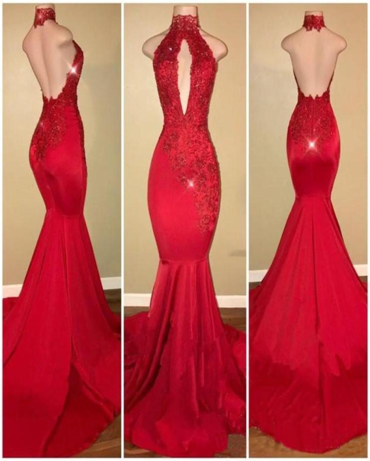 

Red Halter Keyhole Satin Mermaid Long Prom Dresses Lace Applique Beaded Backless Sweep Train Evening Gowns Formal Party Dresses3315119, Purple