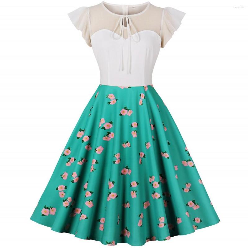 

Casual Dresses Women Pin Up Flower Party Dress 2023 Summer Short Sleeve Retro Robe 60s 50s Vintage Rockabilly Swing Vestidos, Green