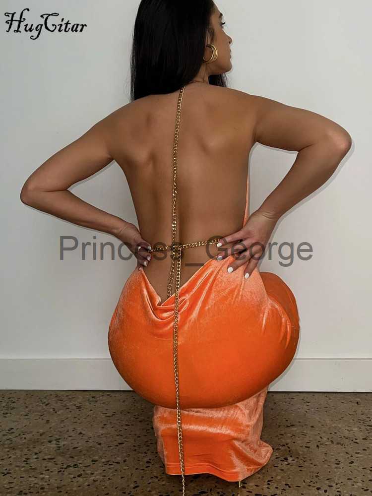 

Party Dresses Hugcitar Velvet Halter Sleeveless Backless Metal Chain Maxi Prom Dress Sexy Slim 2022 Summer Elegant Clothes Wedding Party Club x0629, Orange