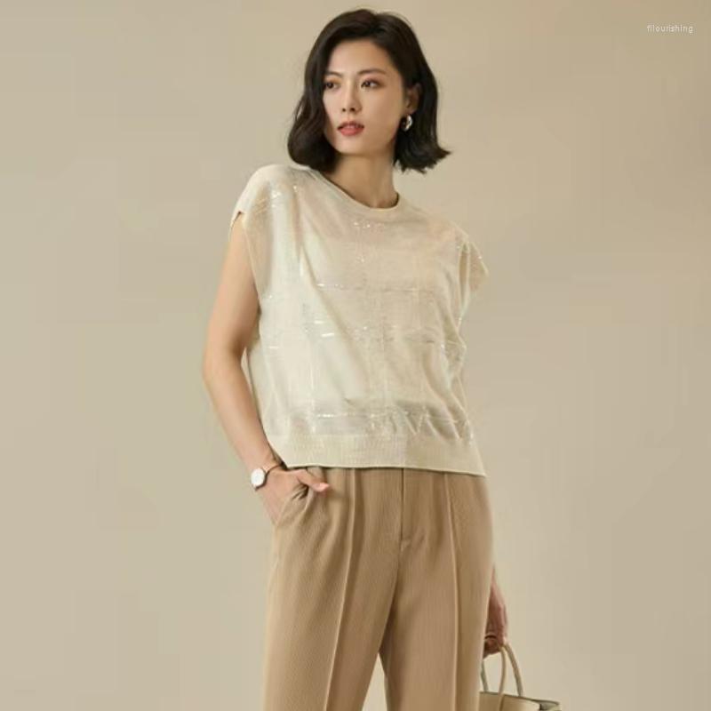 

Women' T Shirts Women T-shirt 2023 Summer Thin Linen Knitted Sequined, Apricot