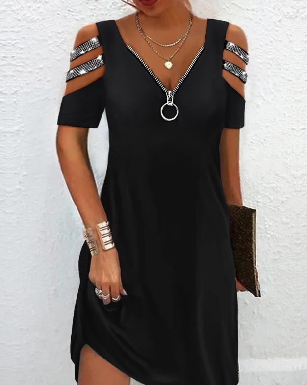 

Casual Dresses Women' 2023 Summer Fashion Rhinestone Zipper Cold Shoulder V-Neck Short Sleeve Plain Daily Mini A Line Dress