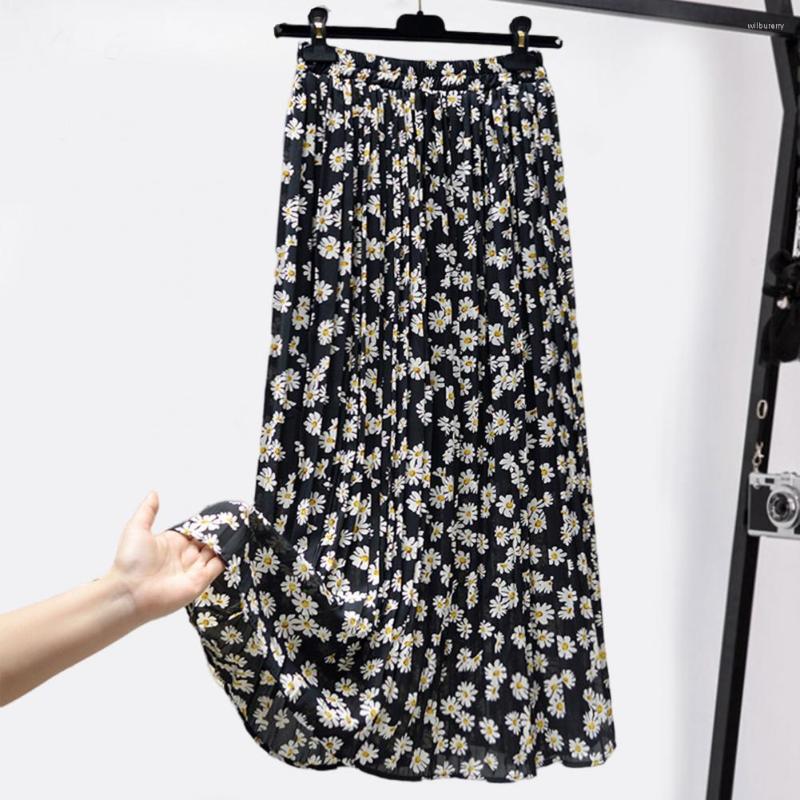 

Skirts Women Skirt Floral Elastic Waist Lady Loose-fitting Dress-up Pleated Elegant Breathable Summer Long For Dating, Blue