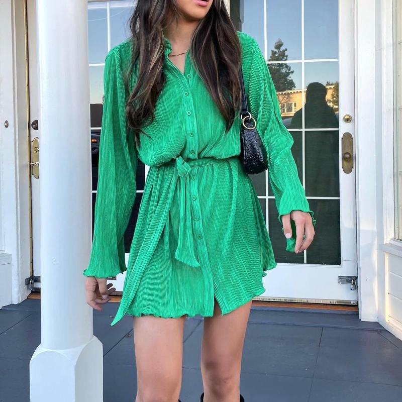 

Casual Dresses Printed Shirt Dress Women Long Sleeve Turn-down Collar Button-down Loose Mini With Lace-up Green Black Blue Cloth