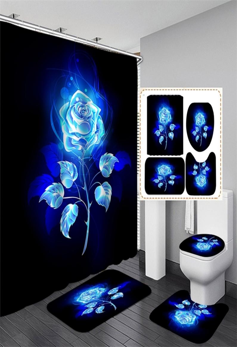 

Shiny Blue Golden Rose Waterproof Shower Curtain Set Toilet Cover Mat Nonslip Bath Rugs Bathroom Valentine039s Day Christmas De1449751
