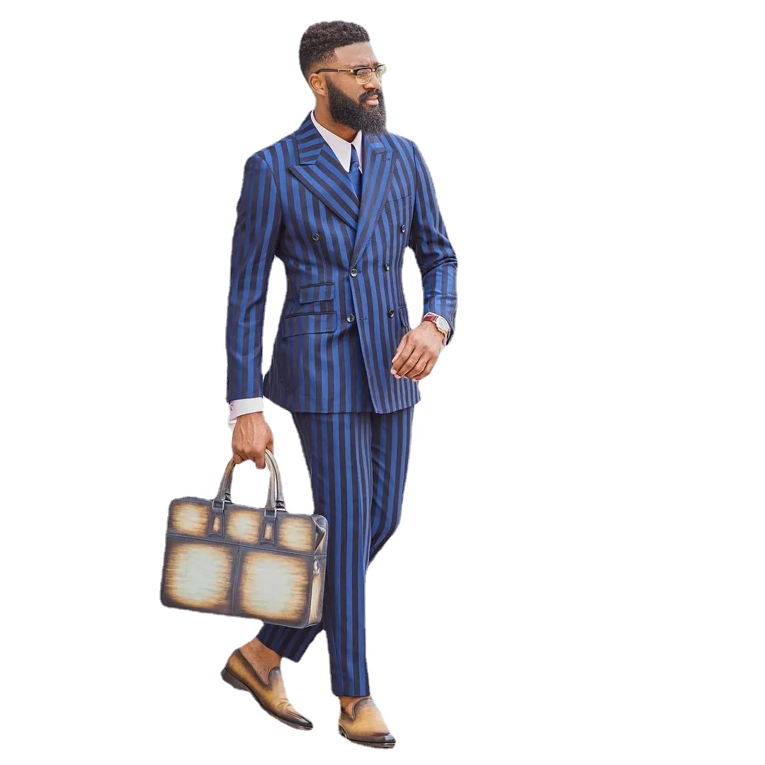 

Dark Blue Mens Suit Peaked Lapel Wedding Tuxedos Vertical Stripe Two Pieces Groom Wear Double Breasted Prom Blazers With Jackets And Pants, Same as image