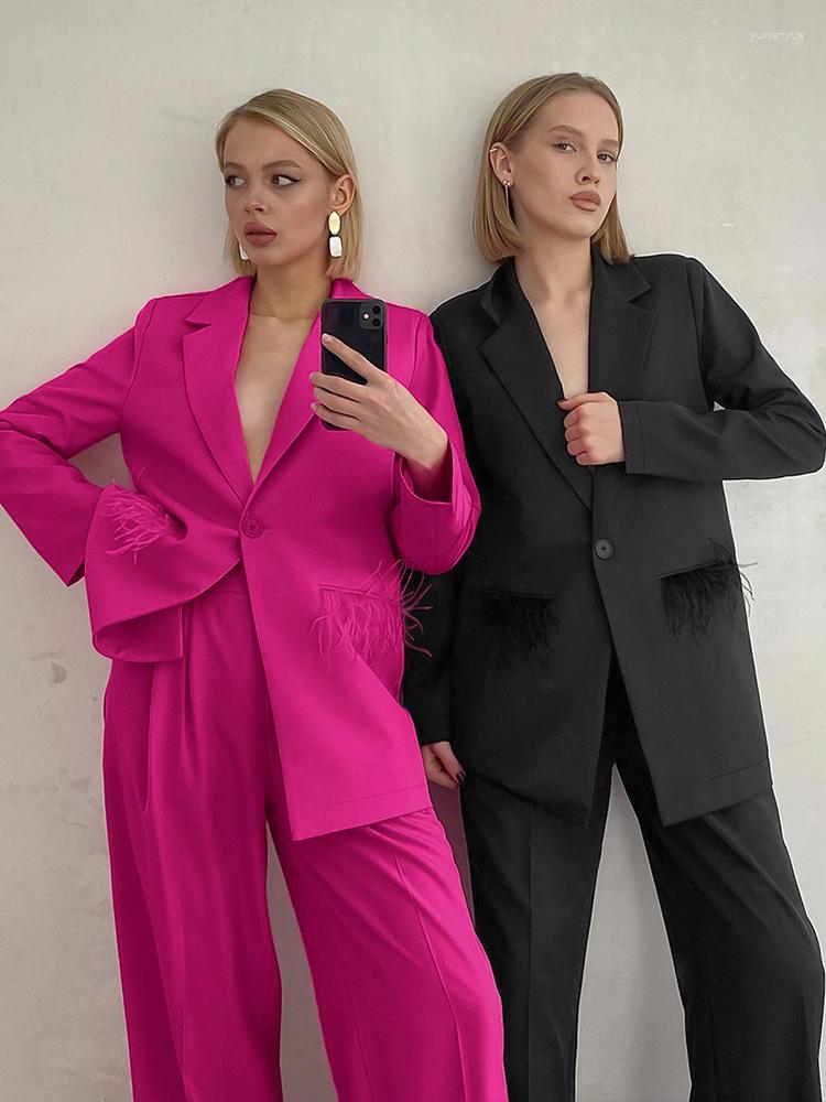 

Women' Two Piece Pants 2023 Autumn Winter Elegant Women Solid Office Suit Sets Spliced Feathers V-neck Long Sleeve 2 Pant Set For, Black
