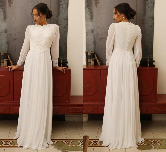

Vintage Chiffon ALine Wedding Dresses Puffy Long Sleeves High Neck Appliques Lace Floor Length Bridal Gowns Formal Dress Custom M9805293, Fuchsia