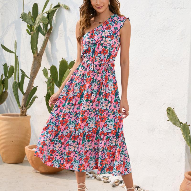 

Casual Dresses Boho Dress Foe Women Sleevelss Holiday Outfits Floral Print Maxi Summer Ruffles Beach Sundress Female Clothing, Yellow