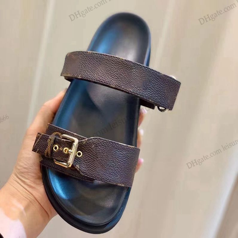 

Designer Bom Dia Slippers slides sandals Summer Flats Sexy real leather platform Shoes Ladies Beach Effortlessly Stylish Slides 2 Straps with Adjusted Gold Buckles, Color 1