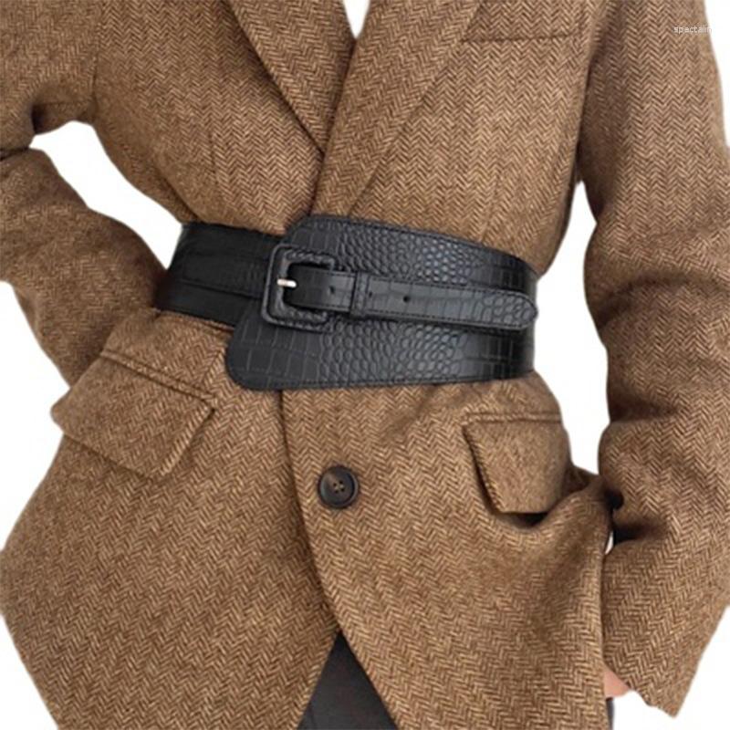 

Belts Women Wide Belt Crocodile Pattern PU Leather Corset Retro Adjustable Waistband For Lady Coat Dress Accessories Cummerbund