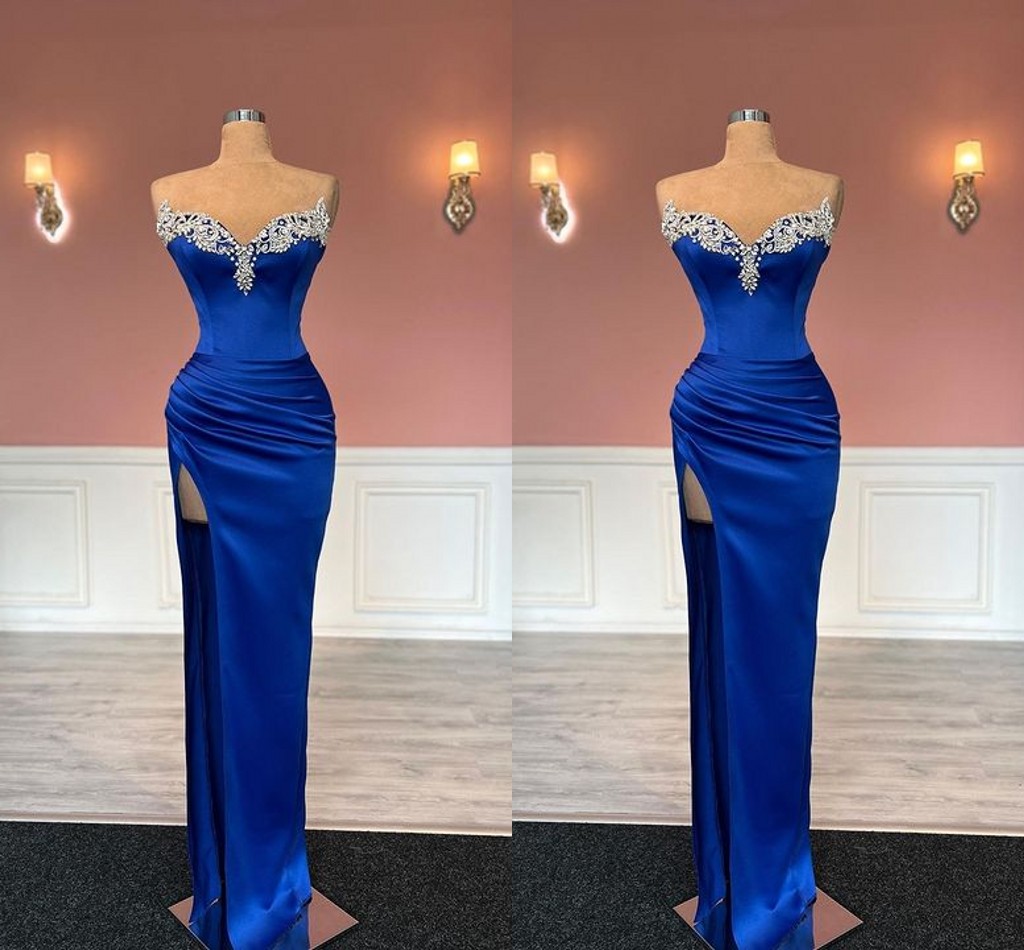 

Sexy Royal Blue Plus Size Sheath Prom Dresses for Black Women Pleats Beaded Draped High Side Split Formal Wear Birthday Pageant Second Reception Party Gowns, Light yellow