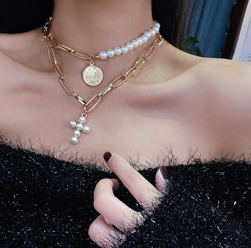 

Design Imitation Pearls Choker Necklace Female Cross Pendant Necklaces Women Gold Color 2019 Fashion Summer Coin Jewelry