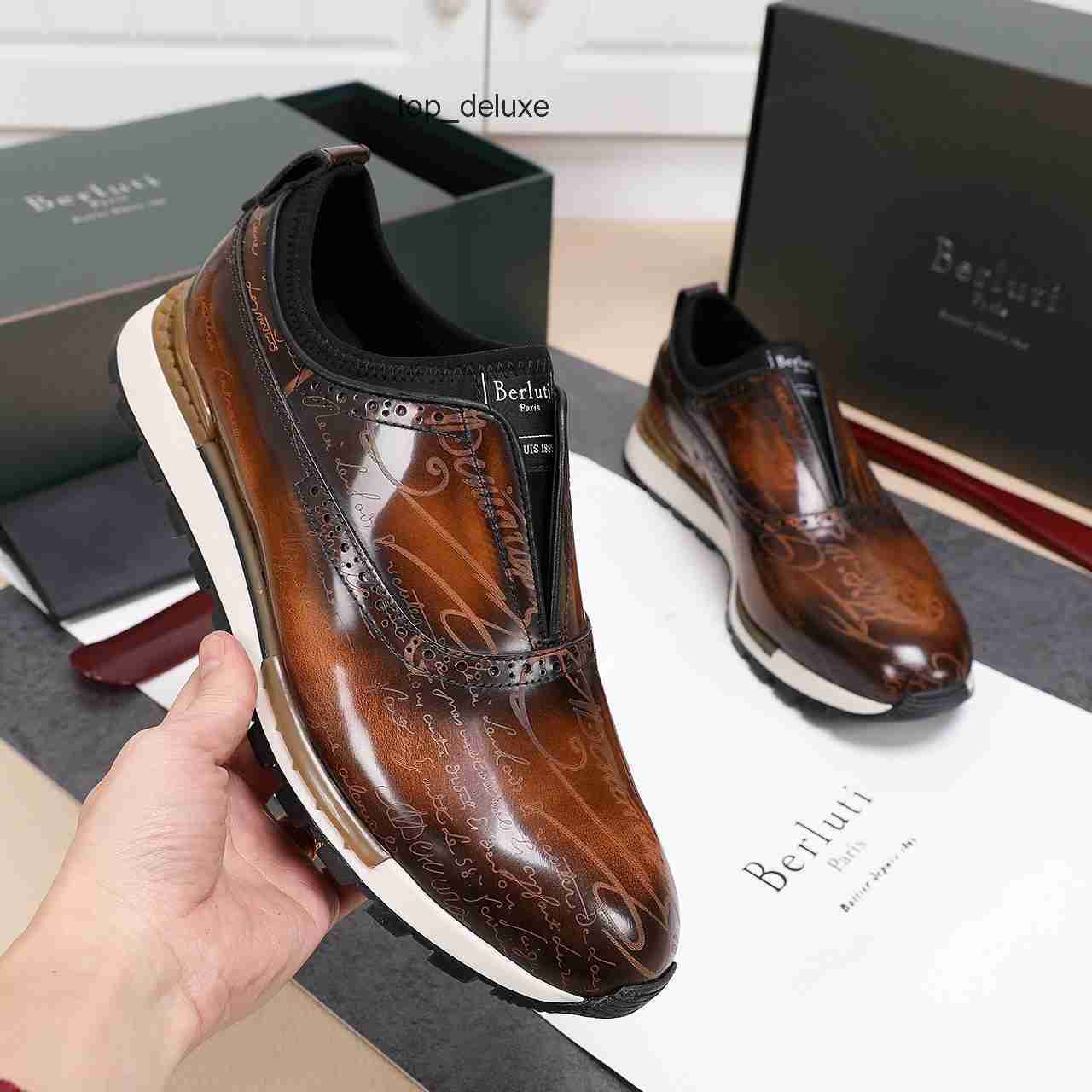 

berluti Handmade Leather Sneaker Shoes Fast Track Scritto Top Quality Mens Casual Genuine Embroidery Classic Trainers Lover Sneake229T, Black