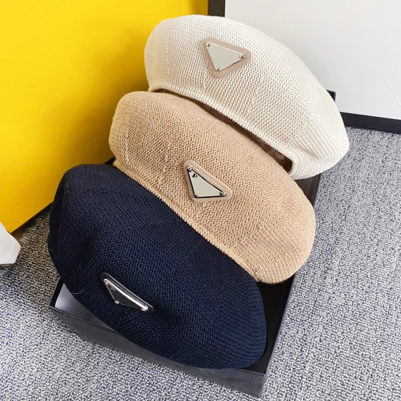 

Designer Ball Caps Inverted Triangle Ice Silk Beret British Vintage Thin Straw Knitted Artist Hat Summer Mesh Bud Hat Straw Hat Flat Top Hat Top Hat, Pd-khaki