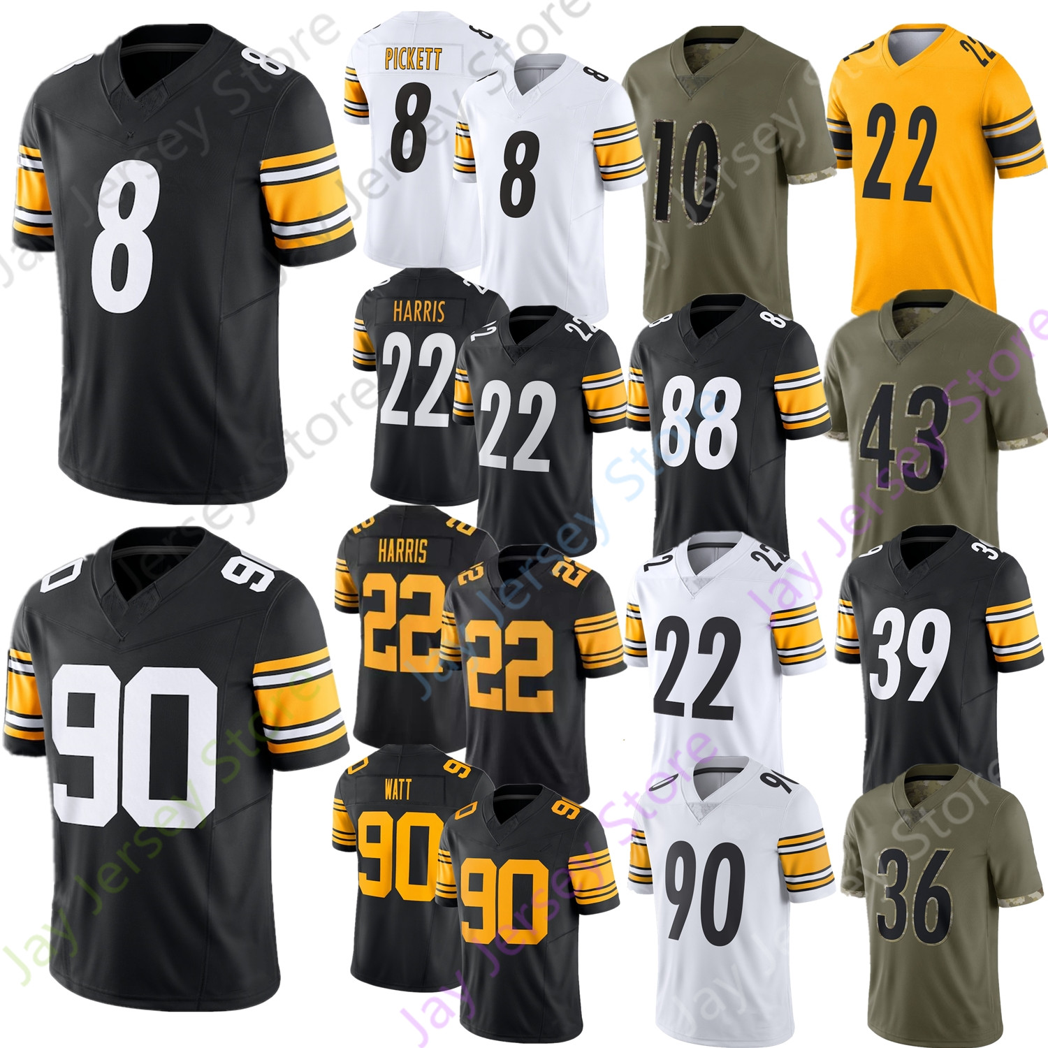 

Custom Kenny Pickett Football Jersey Najee Harris T. J. Watt Fitzpatrick Pickens Warren Porter Johnson Trubisky Freiermuth Roethlisberger Polamalu Youth Women, Black