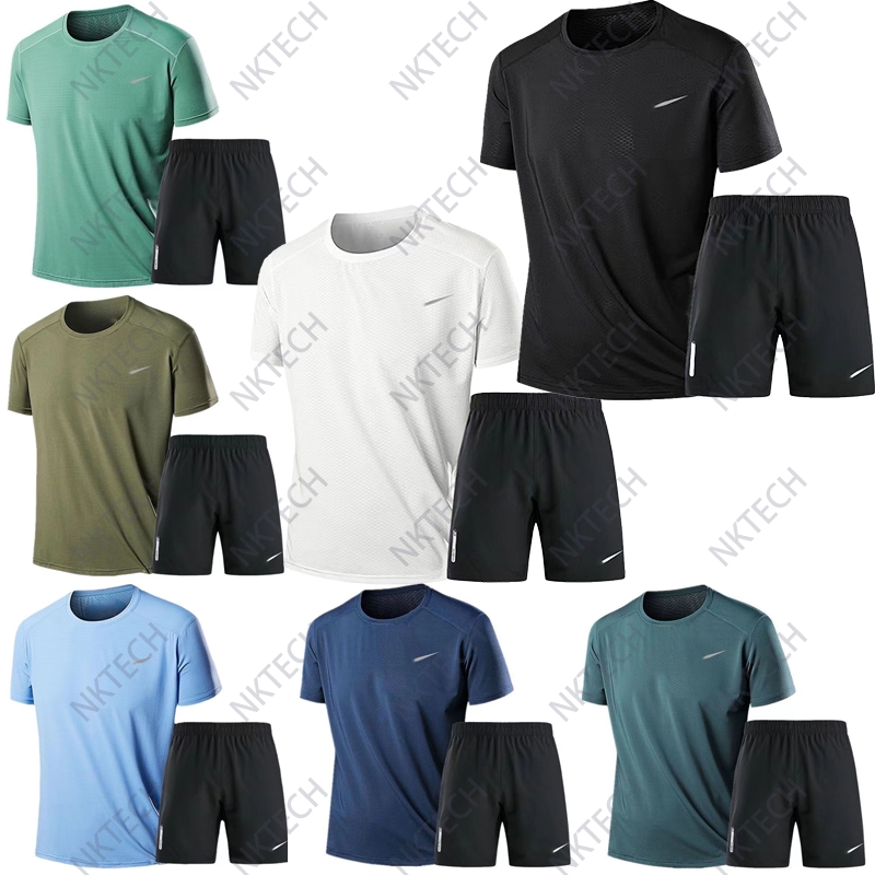 

Men's sports set summer ice silk quick dry short sleeve running clothes fitness large size breathable casual loose shorts short sleeve set combination, Sky blue