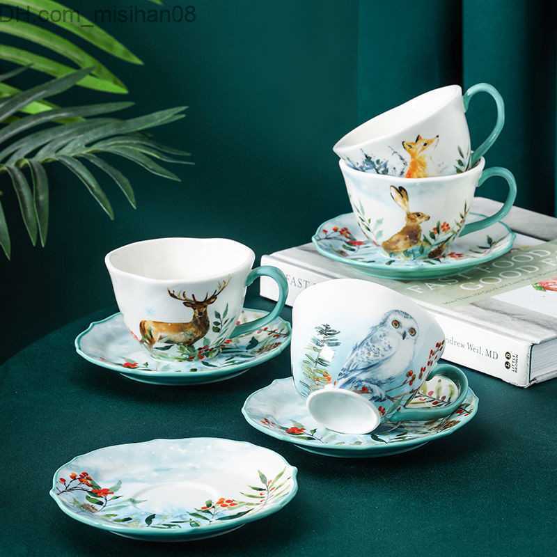 Coffee Tea Sets Coffee Tea Sets European High Grade Cup Saucer Creative 200ML Ceramic The Deer Rabbit Owl Pattern Mug dishGift 230327 Z230630-image-881181167