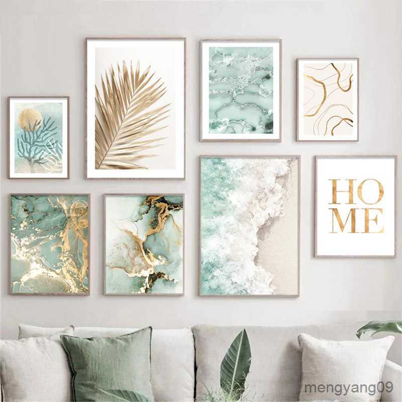 Other Home Decor Sand Waves Gold Palm Posters Abstract Green Line Coral Art Print Canvas Painting Pictures For Living Room Decor L260524-image-880982975