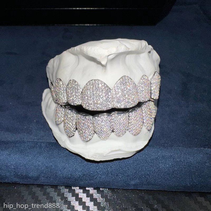 

Exclusive customization Moissanite Teeth Grillz iced out Hop 925 Silver decorative braces Real Diamond Bling Tooth Grills For Men