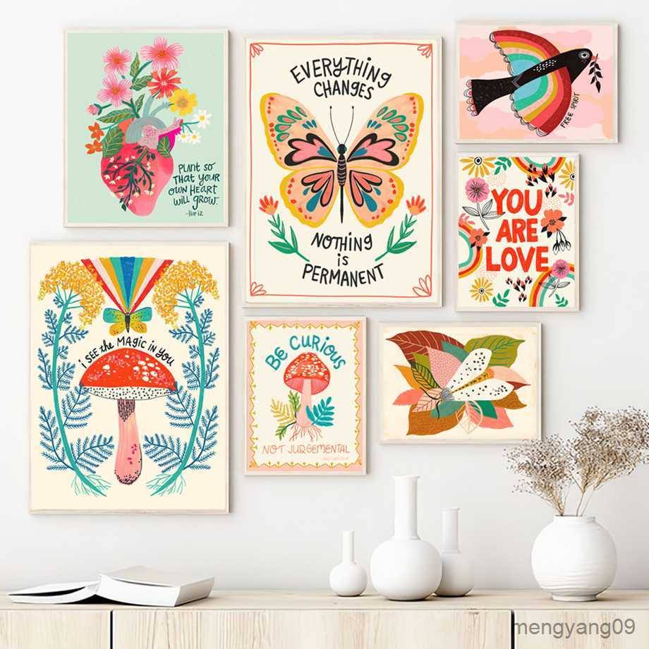 Other Home Decor Mushroom Butterfly Inspirational Quote Art Picture Canvas Painting Nordic Posters Prints Living Room Decor L260524-image-882152759