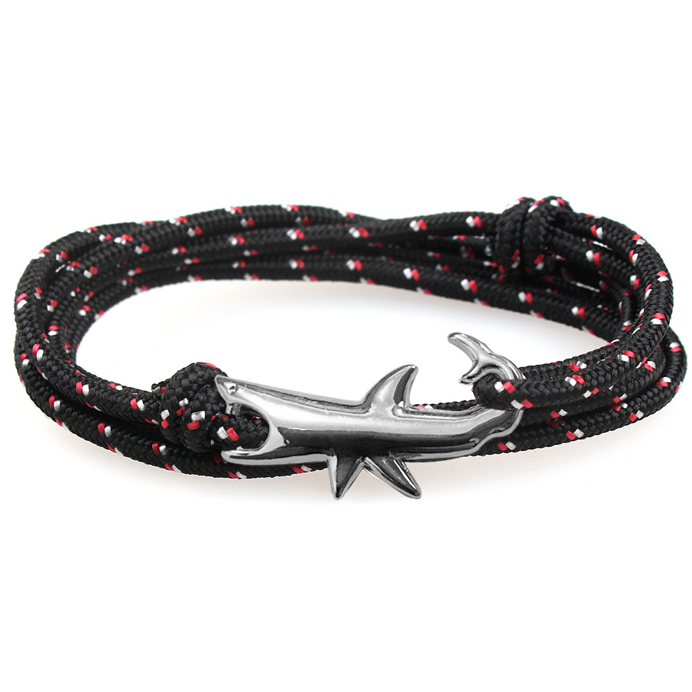 Viking Style Multi Layered Gunmetal Shark Charm Bracelet Colorful Paracord Bangle for Gift-image-881168859