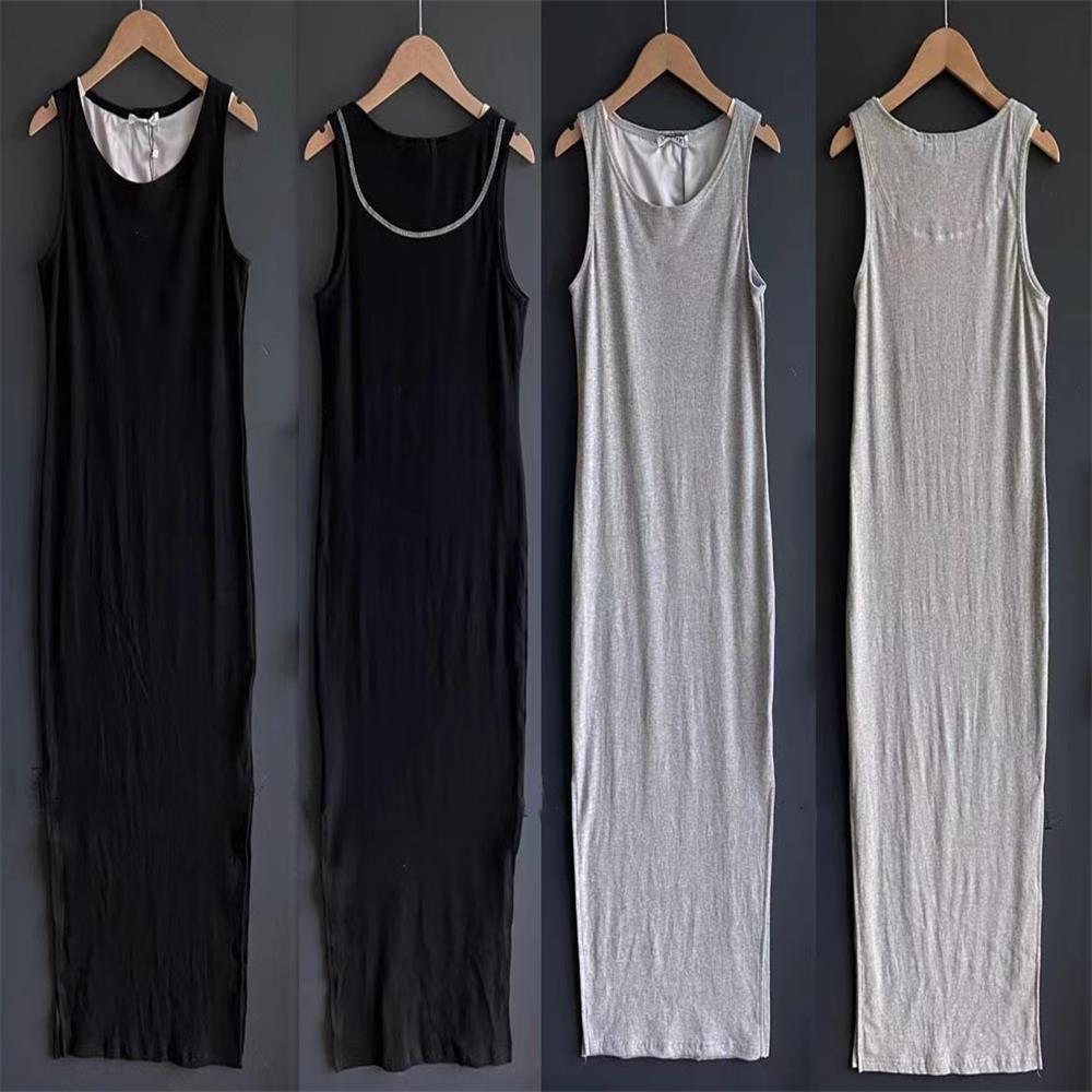

Maxi Tank Dress in Ribbed Cotton Jersey With an Embroidered High Elastic Slim Fit Wrap Hip Cotton Sleeveless Tank Top Dress Ladies Women, Black