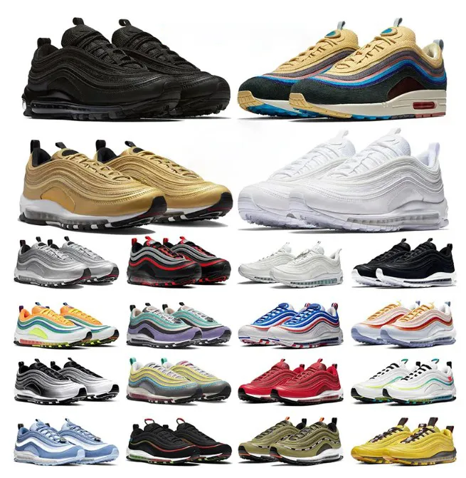 

2023 97s Cushion Running Shoes Men Women Black White Gold Sliver Bullet Sean Wotherspoon Satan Jesus Bred Metallic 97 og Mens Trainers Outdoor Sneakers size 36-45, Box