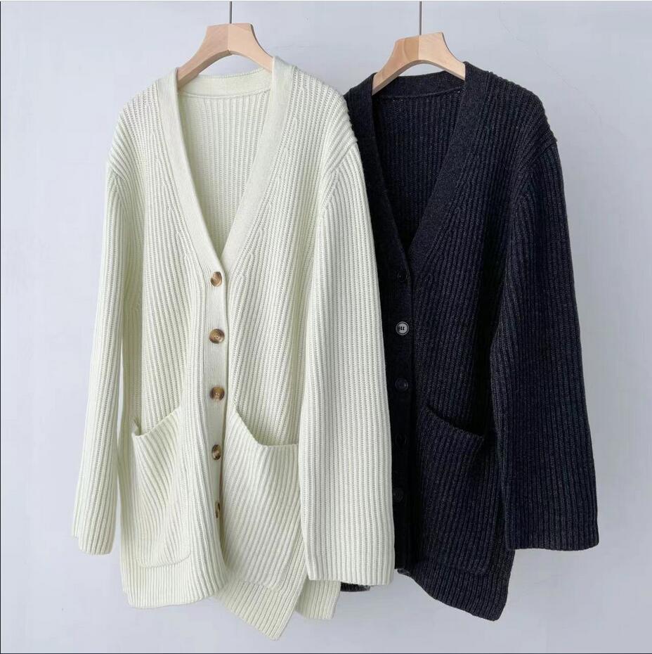 23 Autumn/Winter New V Zero Rib Mid length Knitted Wool Cardigan Totem Women's Versatile Loose Thick Warm Coat