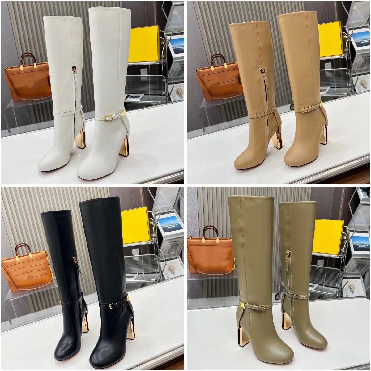 Delfina Boots diseñador de lujo Mujer Botas de tacón alto de cuero marrón Moda Botas altas de alta calidad Tamaño 35-41