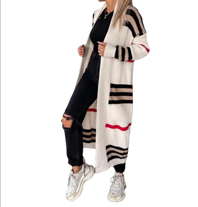 New brand Women's long length Sweaters loose designer trendy knitwear cardigans Fashion stripe V neck black knitted oversized Sweater tops jack