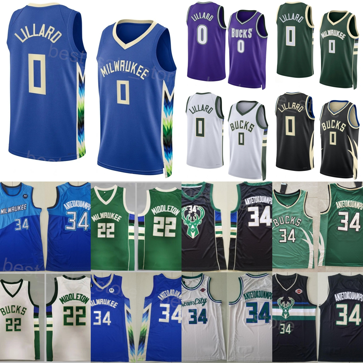Men Stitched Basketball Jerseys Damian Lillard 0 Giannis Antetokounmpo 34 Khris Middleton 22 Team Color For Sport Fans Embroidery Earned Icon Sta-image-784470020