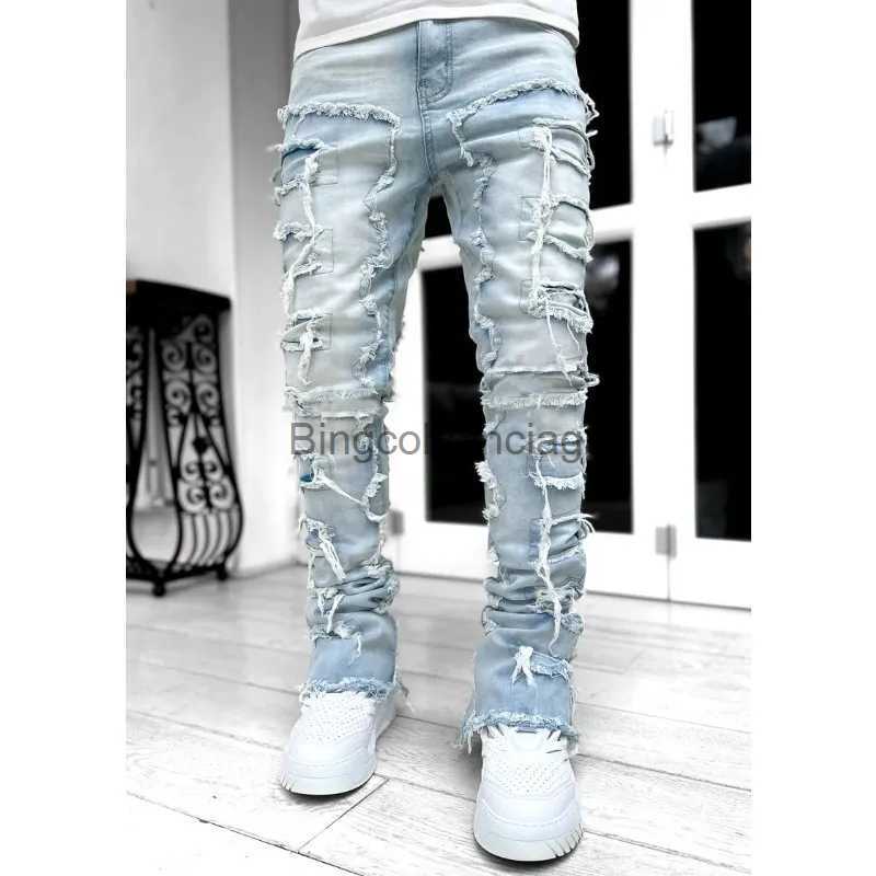 Jeans Homme Jean skinny homme frange bord hip-hop Patch élastique Punk Rock coupe longue serrée jean empilé pantalon en jean bleu rose Streetwear