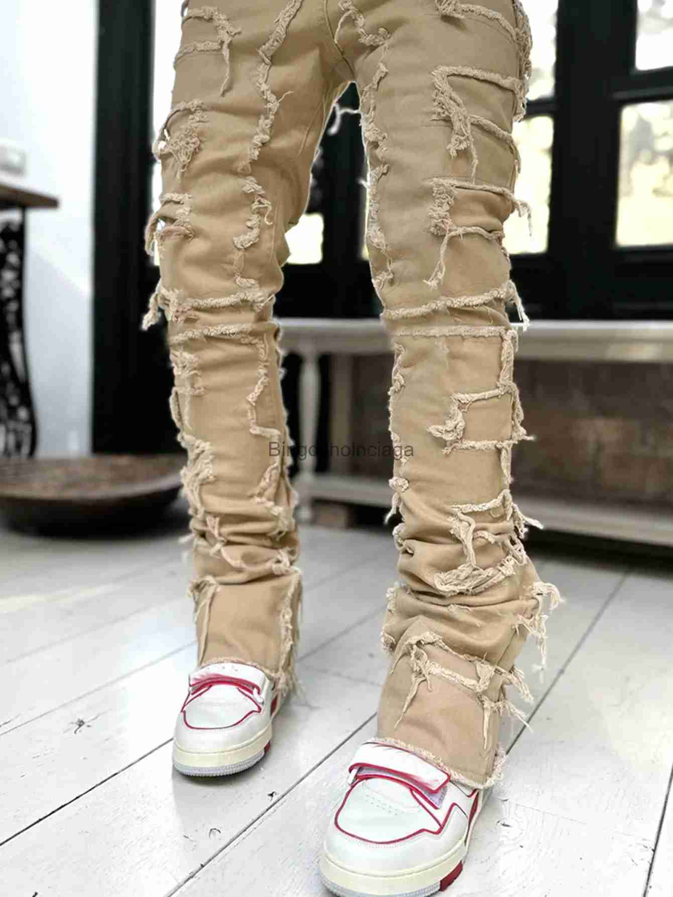 Men's Jeans Fashion Stretch Patch Men's Jeans Y2K Patchwork Creative Tassels Decoration Straight Denim Trousers For Men Hip Hop Jean Pants
