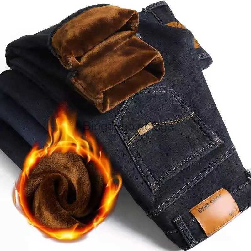 Men's Jeans Men Winter Fleece Denim Jeans Black Thicker Warm Jeans Business Casual Pants Good Quality Male Stretch Straight Fit Long Jeans40L23