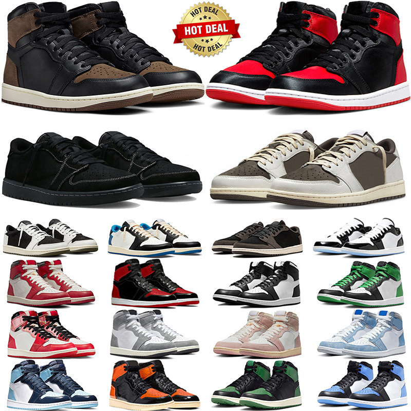 Men Women 1 Basketball Shoes 1s low Black Phantom Reverse Mocha Palomino Satin Bred Olive Lost Found Lucky Green Black White Mens Trainer Sneaker