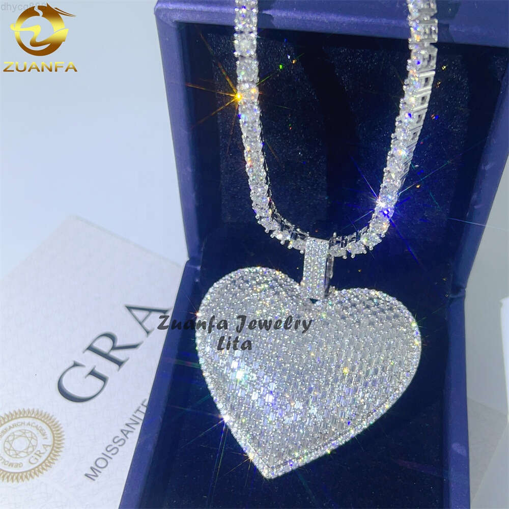 High Quality Sparkle 925 Silver Iced Out Baguette Big Heart Moissanite Diamond Custom Hip Hop Pendant