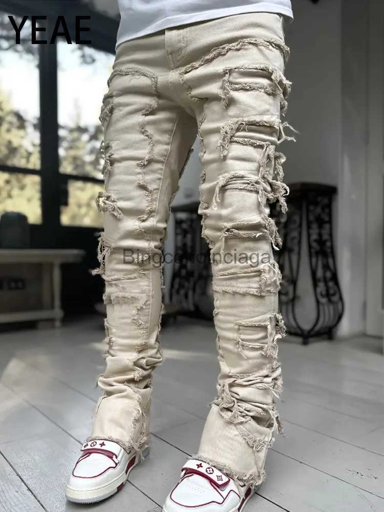 Jeans pour hommes YEAE High Street Hommes Trou Ripped Jeans en détresse Hip Hop Rétro Taille Haute Rétro Stretch Patch Droit Denim Pantalon Empil