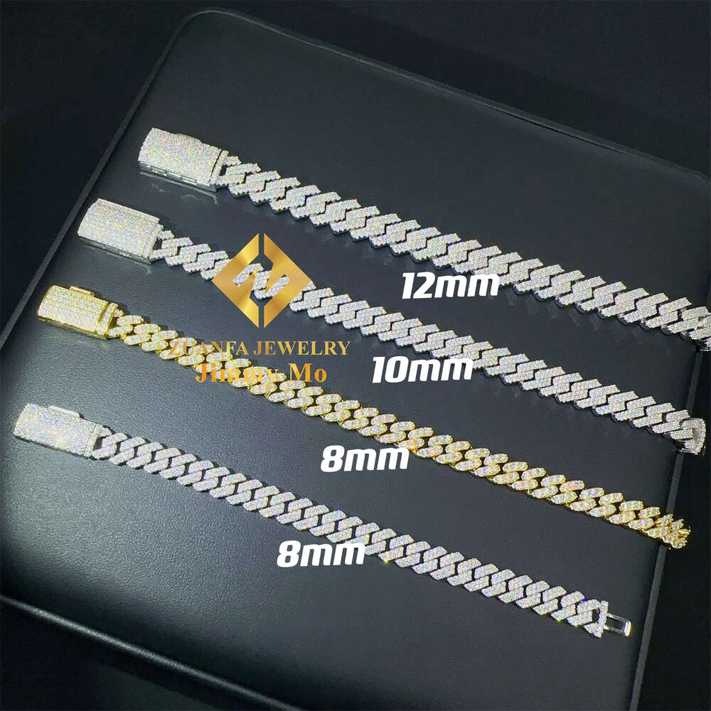Factory Price 6mm 8mm 10mm 12mm Width 925 Solid Silver Iced Out Hip Hop Jewelry Moissanite Cuban Link Chain Bracelet Men