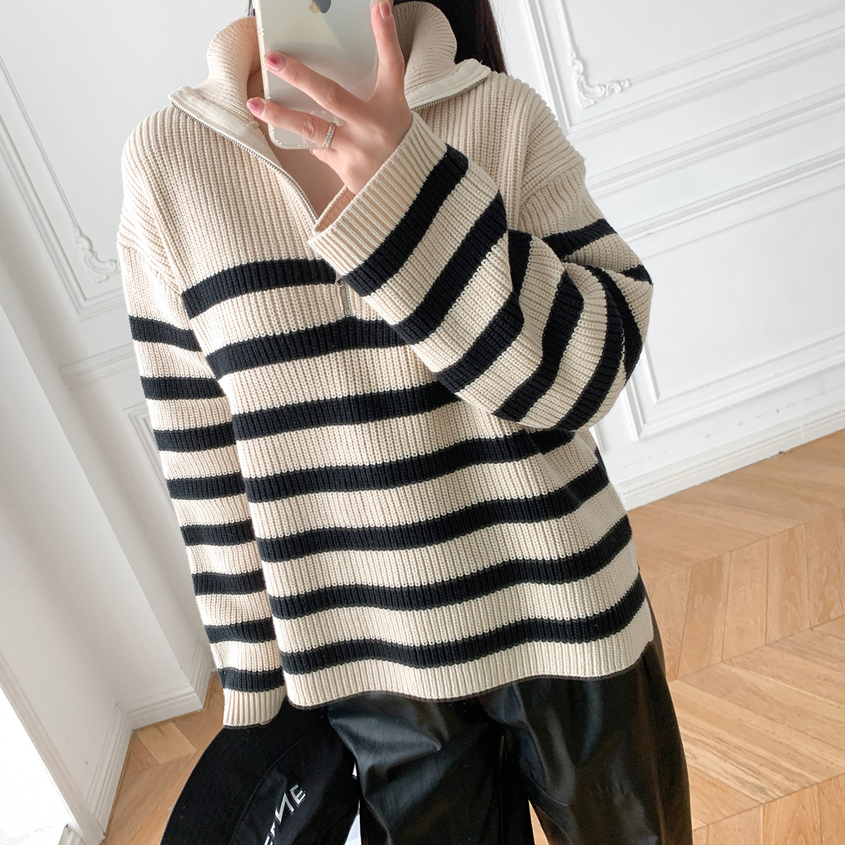 Pull à rayures à moitié zip