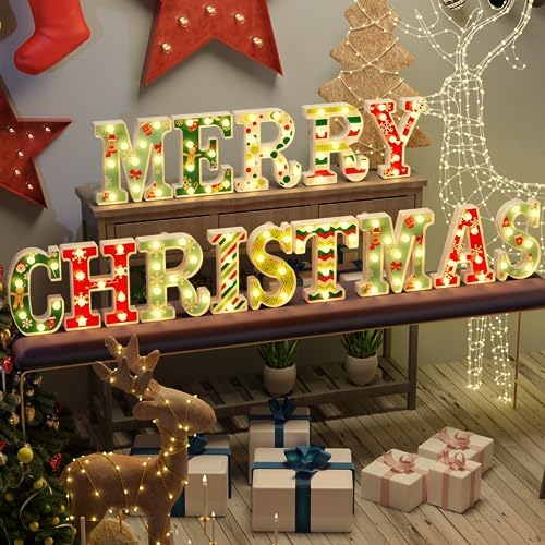 Christmas Decorations - 14 LED Letters Christmas Lights Merry Christmas for Christmas Decorations Indoor Home Decor, Surface UV Printing S