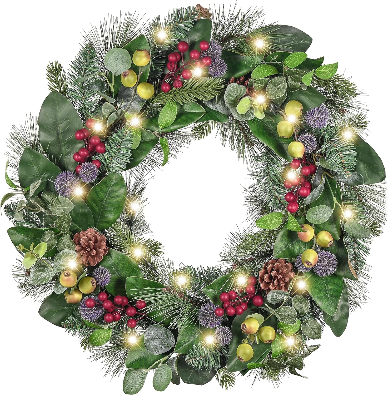 Pre-Lit Christmas Wreath for Front Door with Lights, 24 Inch Large Lighted Christmas Wreath with Red Brown White Xmas Ball for Fireplace Win