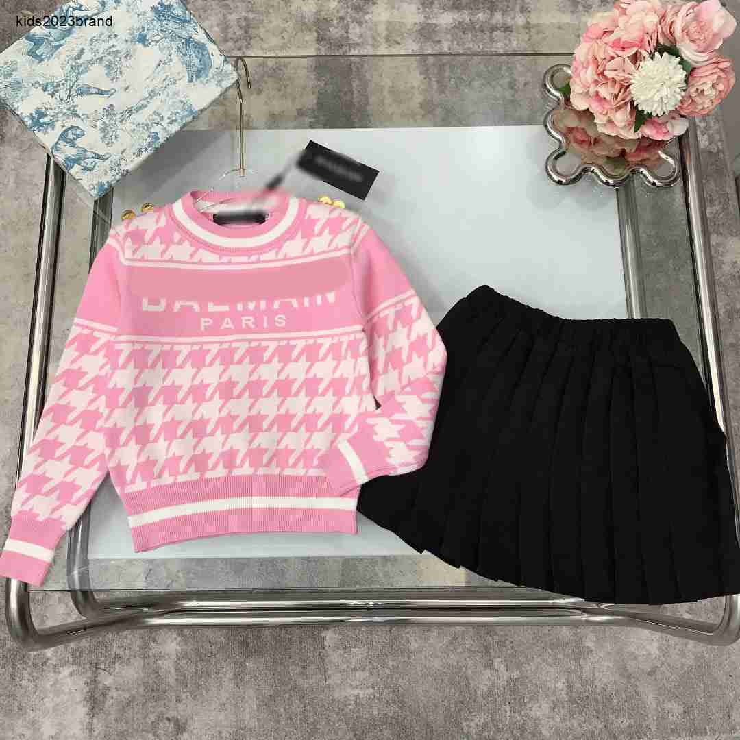 tracksuits designer Dress suits for Girls Size 100-150 CM 2pcs Gold button round neck knit sweater and pleated skirt Oct05