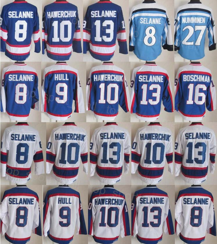 Men Retro Hockey 27 Teppo Numminen Jersey Retire 8 Teemu Selanne 10 Dale Hawerchuk 16 Laurie Boschman 9 Bobby Hull Vintage Classic CCM Blue White