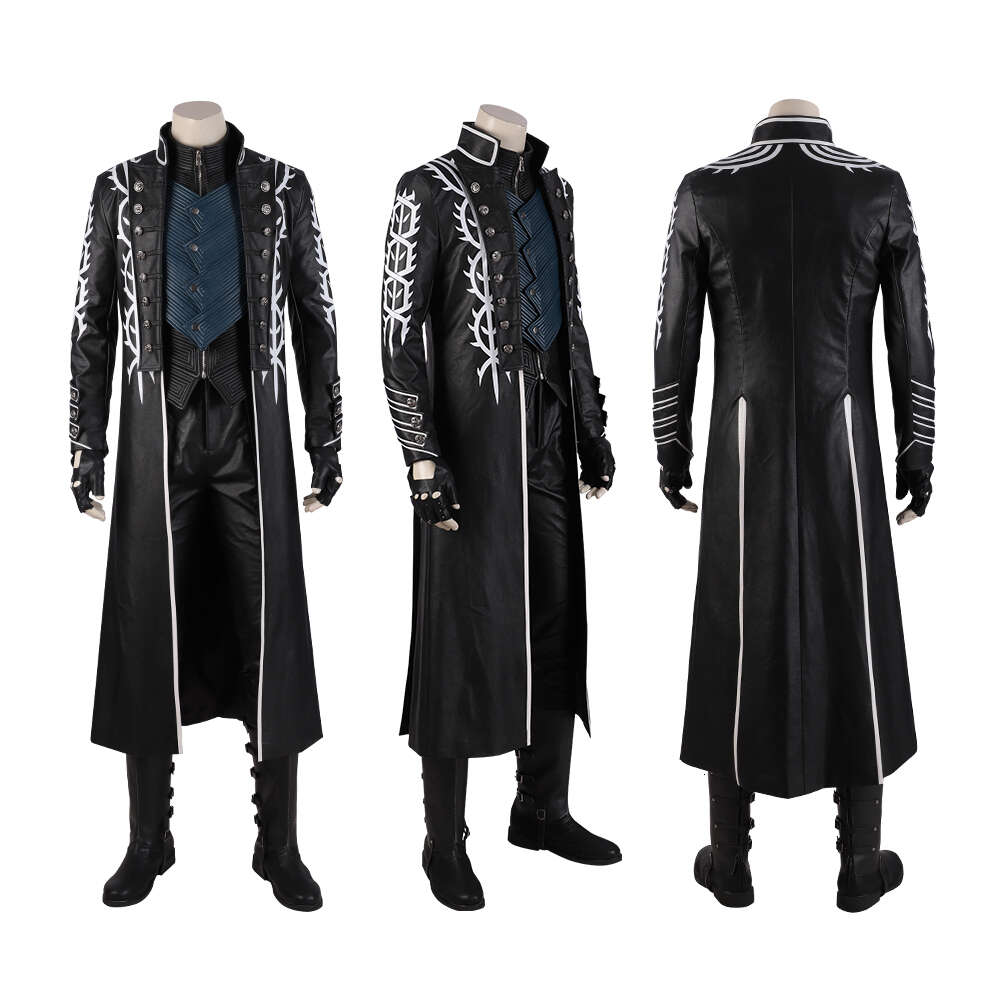 Costume de Cosplay Vergil noir pour homme adulte, Trench-Coat Long en simili cuir, gilet et pantalon, tenue d'halloween, robe fantaisie, taille personnalisée