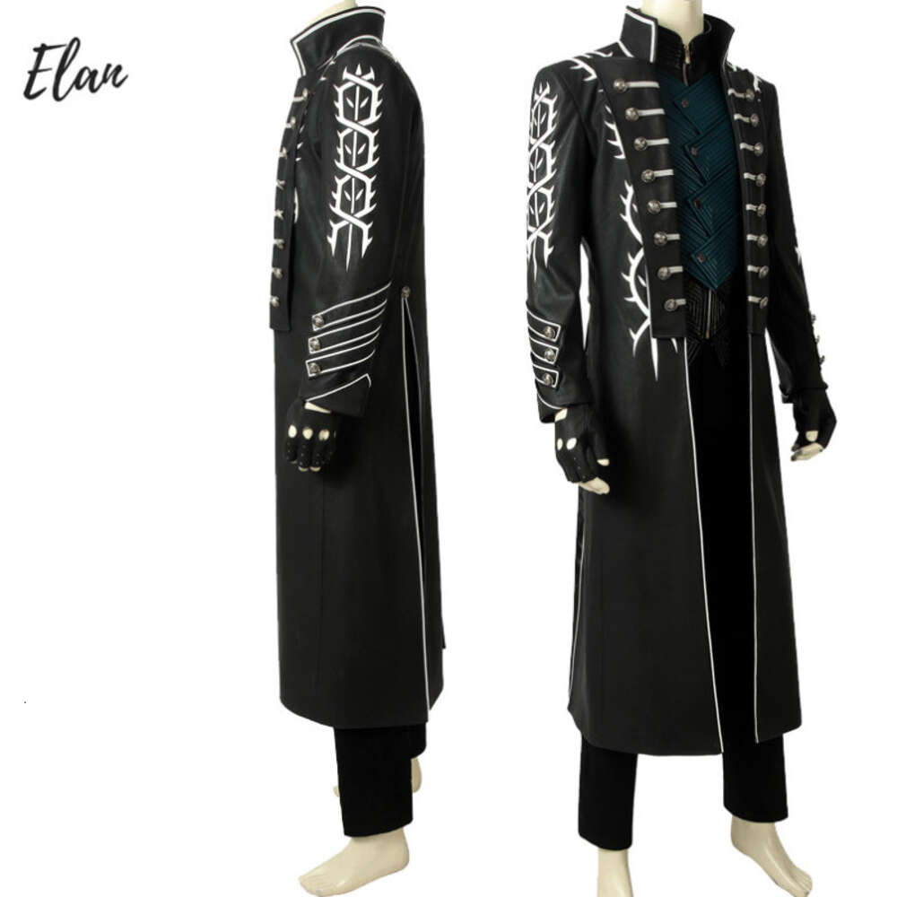 Déguisement Vergil Cosplay Costume avec Trench Long Noir Homme Vergil Cosplay Manteau Cuir Gilet Pantalon et Bottes Taille Personnaliséecosplay