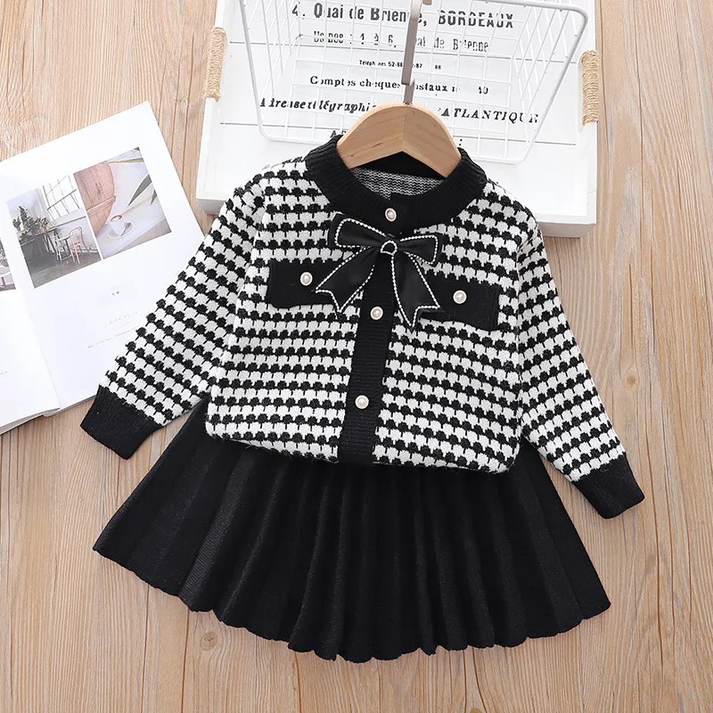 Clothing Sets Korean Children Set Girls Knitted Suit Autumn Winter Houndstooth Sweater Cardigan Jacket Pleated Skirt Two Piece Outfit H251208-image-1087662476