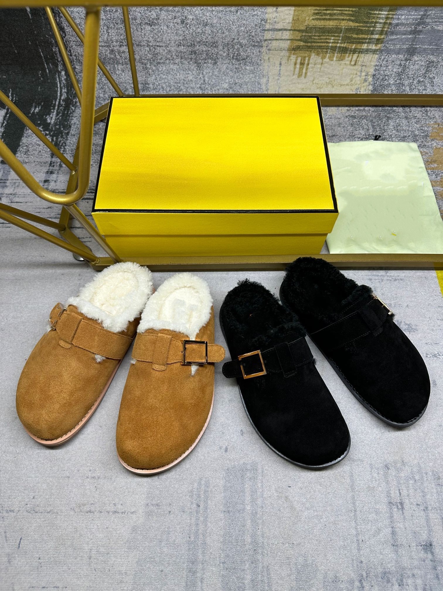 Designer Luxury Feel Sandals Half drag Pigeon grey Chenille F band round toe flats-image-908315181