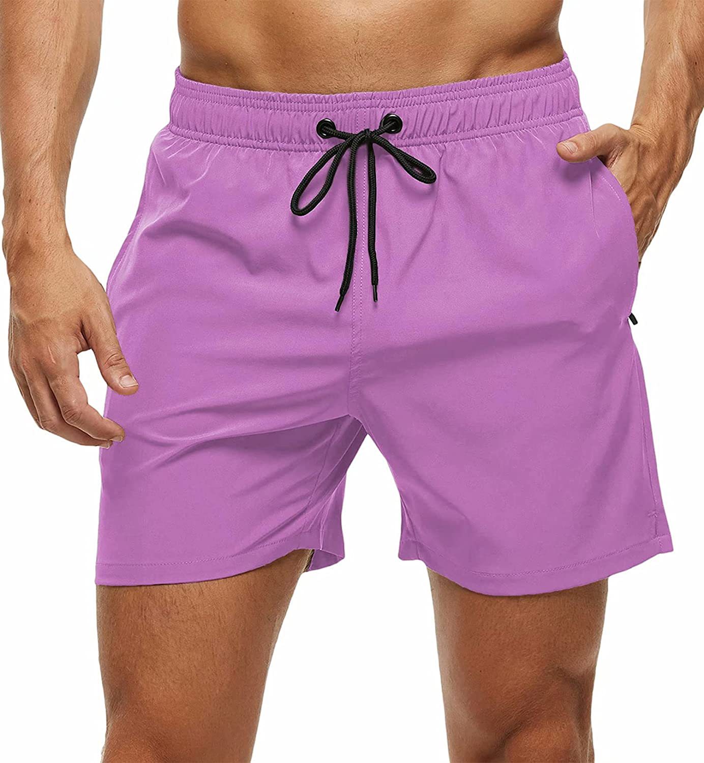 UUmen-1331 Men Solid Color Casual Sports Beach Shorts With Zip Pocket and Mesh Lined Swim Trunks-image-983578628