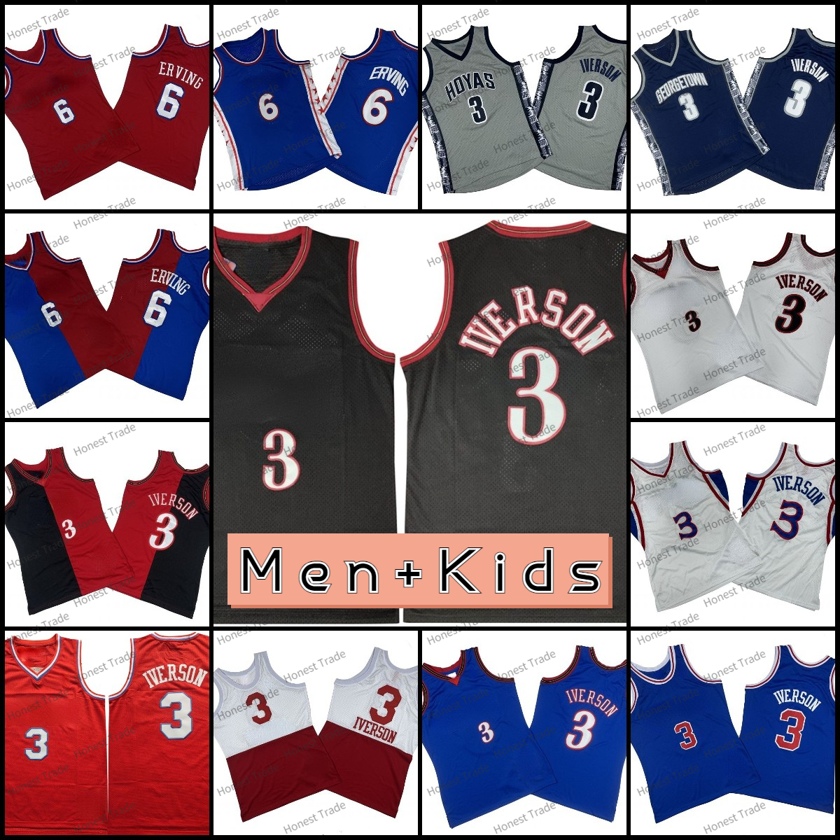 Retro 3 Allen Iverson Basketball Jerseys 6 Julius Erving Georgetown Hoyas Iverson Kids Mens Red Blue Split edition Special vintage Jersey